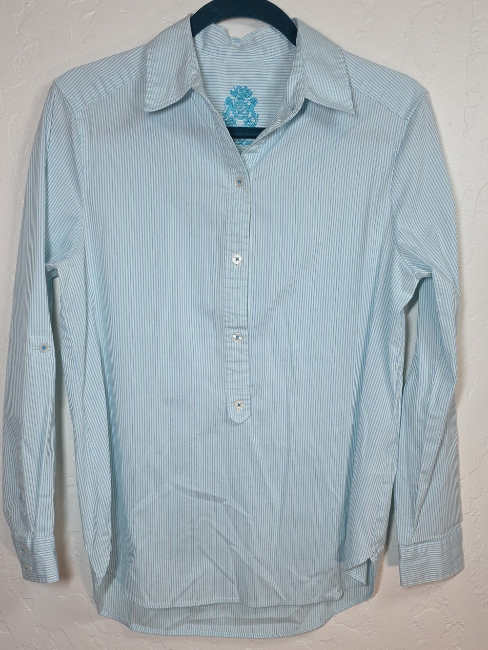 English Laundry Blue and White Pinstripe Half Button-Down Shirt Preppy Acedemia
